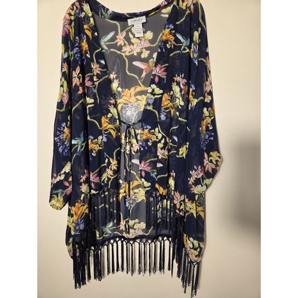Carmen XL Marc Valvo Kimono Tied Topper Black Floral Hummingbird Fringed Boho - Picture 1 of 9
